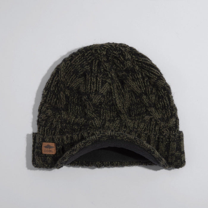 Coal The Yukon Cable Knit Wool Brim Visor Beanie w/ Fleece Band Olive Black Marl