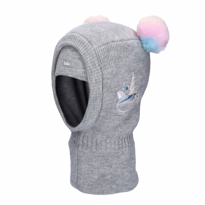Tutu Infant Size 46-50 Balaclava Facemask Light Grey Unicorn Pom Knit New