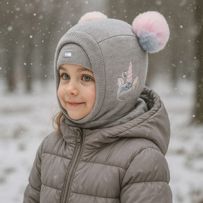 Tutu Infant Size 46-50 Balaclava Facemask Light Grey Unicorn Pom Knit New