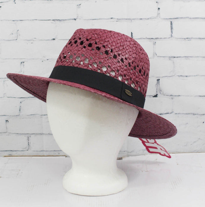 Neff Women's Emma Wide Brim Straw Panama Hat Maroon S/M Small / Medium 55 cm New