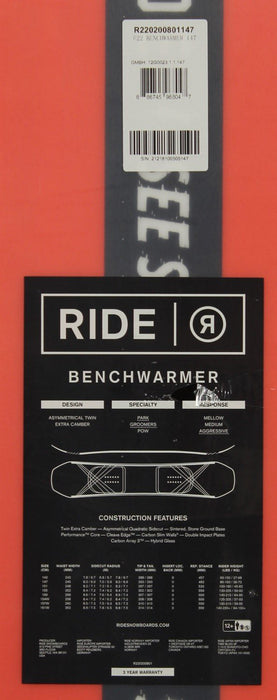 Ride Benchwarmer Men's Snowboard 147cm, All Mountain Asymmetrical Twin, New 2023