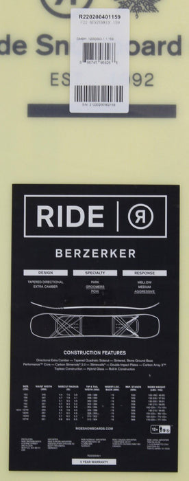 Ride Berzerker Men's Snowboard 159 cm, All Mountain Directional, New 2023