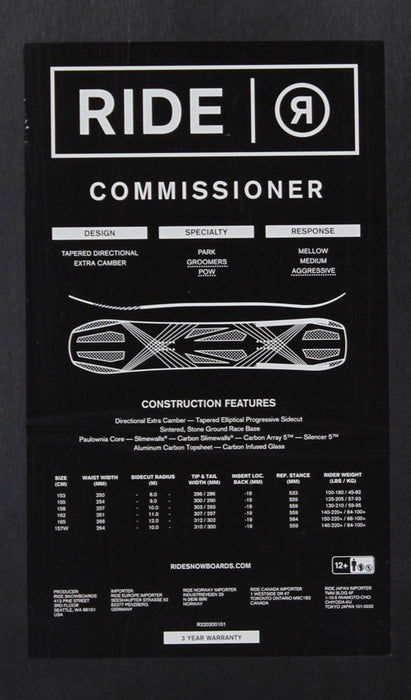 Ride Commissioner Men's Snowboard 158 cm, All Mountain Directional, New 2023