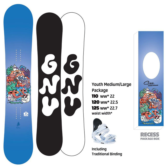 GNU Recess Grom Youth Snowboard 110 cm, With Bindings, New 2027 White Base