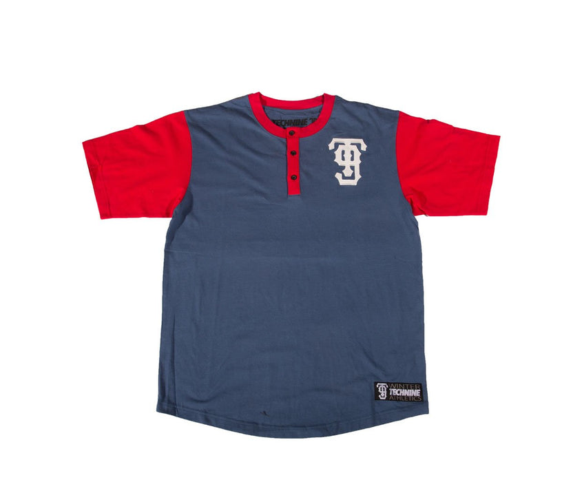 Technine Big League Henley Short Sleeve T-Shirt Men's Small Navy Blue Red New