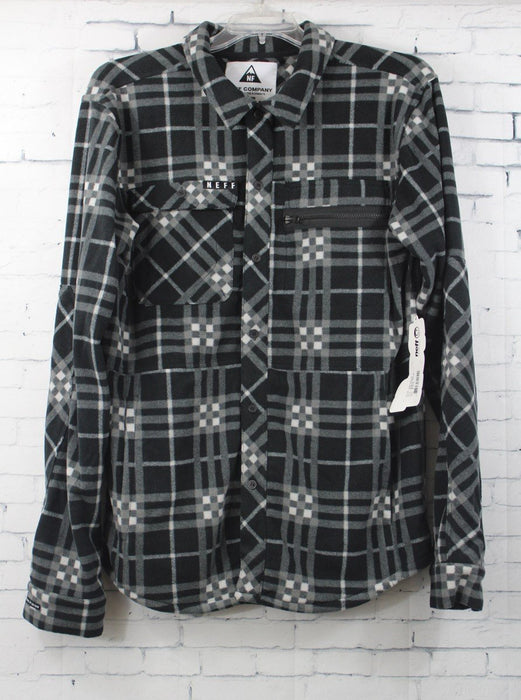 Neff Engine Polar Fleece Flannel Button Front Shirt, Men's Large, Black Plaid