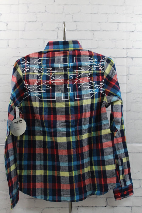 Neff Flannel Woven Button Long Sleeve Boys Youth Medium Blue Red Plaid