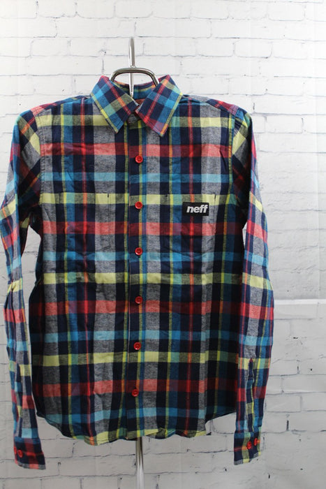 Neff Flannel Woven Button Long Sleeve Boys Youth Medium Blue Red Plaid