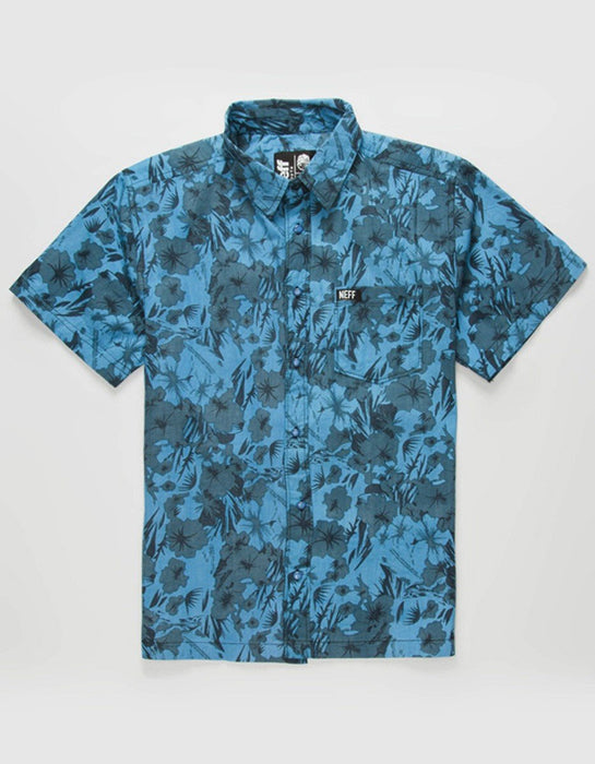 Neff Pandora Splash Woven  Button Up Pocket Shirt Boys Youth Large Blue