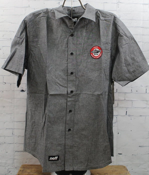 Neff Prey Woven Short Sleeve Button Down Pocket Shirt, Men's Large, Black Grey
